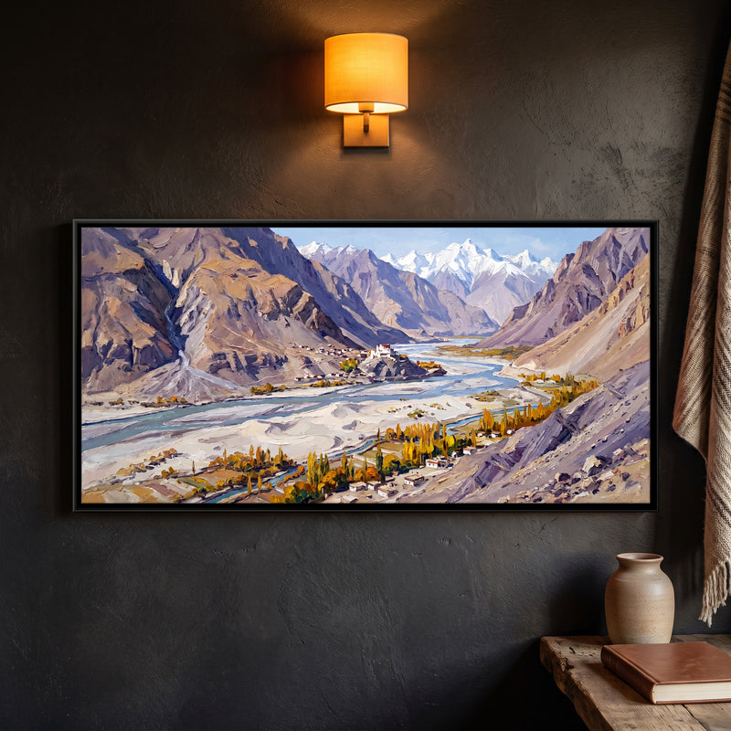 Hilltop Monastery Above a Braided River - framed canvas art hung on a wall