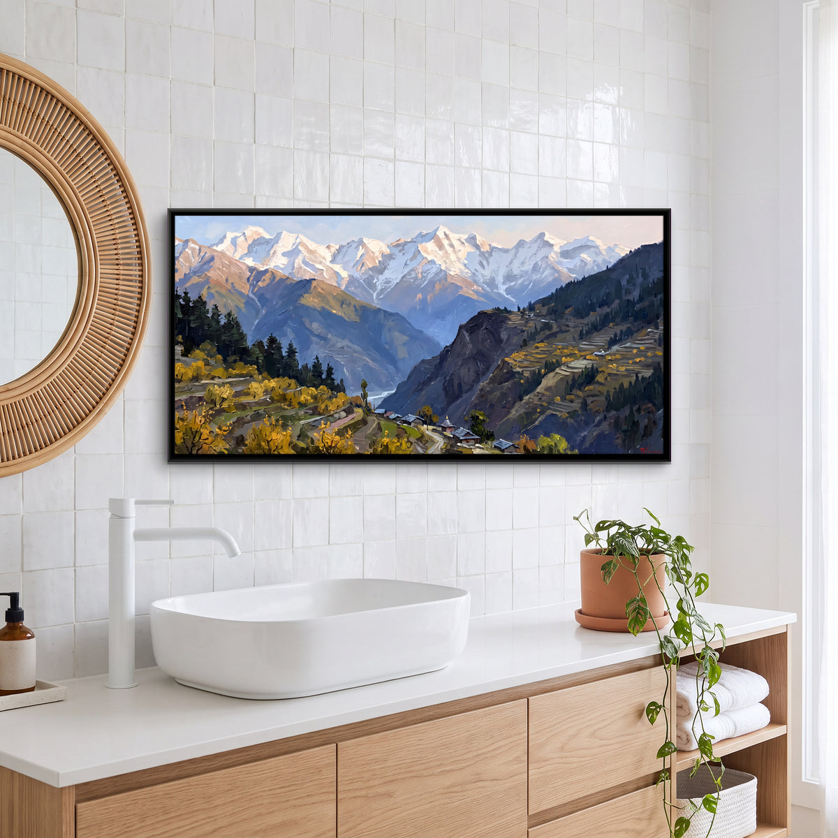 Terraced Fields Below a Snow Range - canvas art shown in a styled room