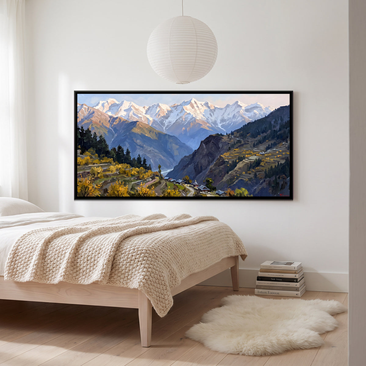 Terraced Fields Below a Snow Range - canvas art shown in a second room setting