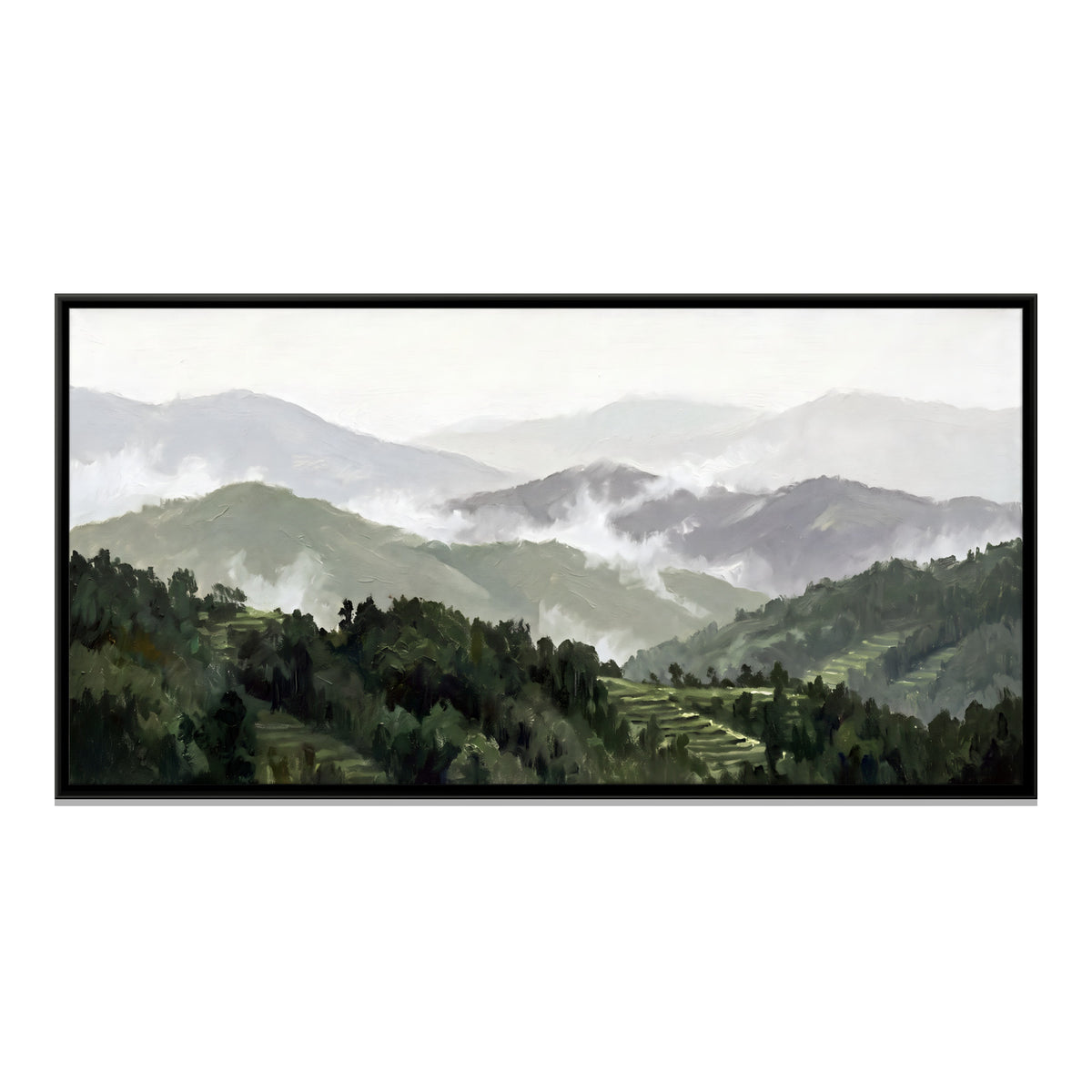 Mist Over Forested Hills - framed canvas print, front view