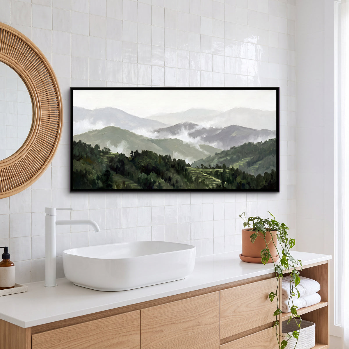 Mist Over Forested Hills - canvas art shown in a styled room