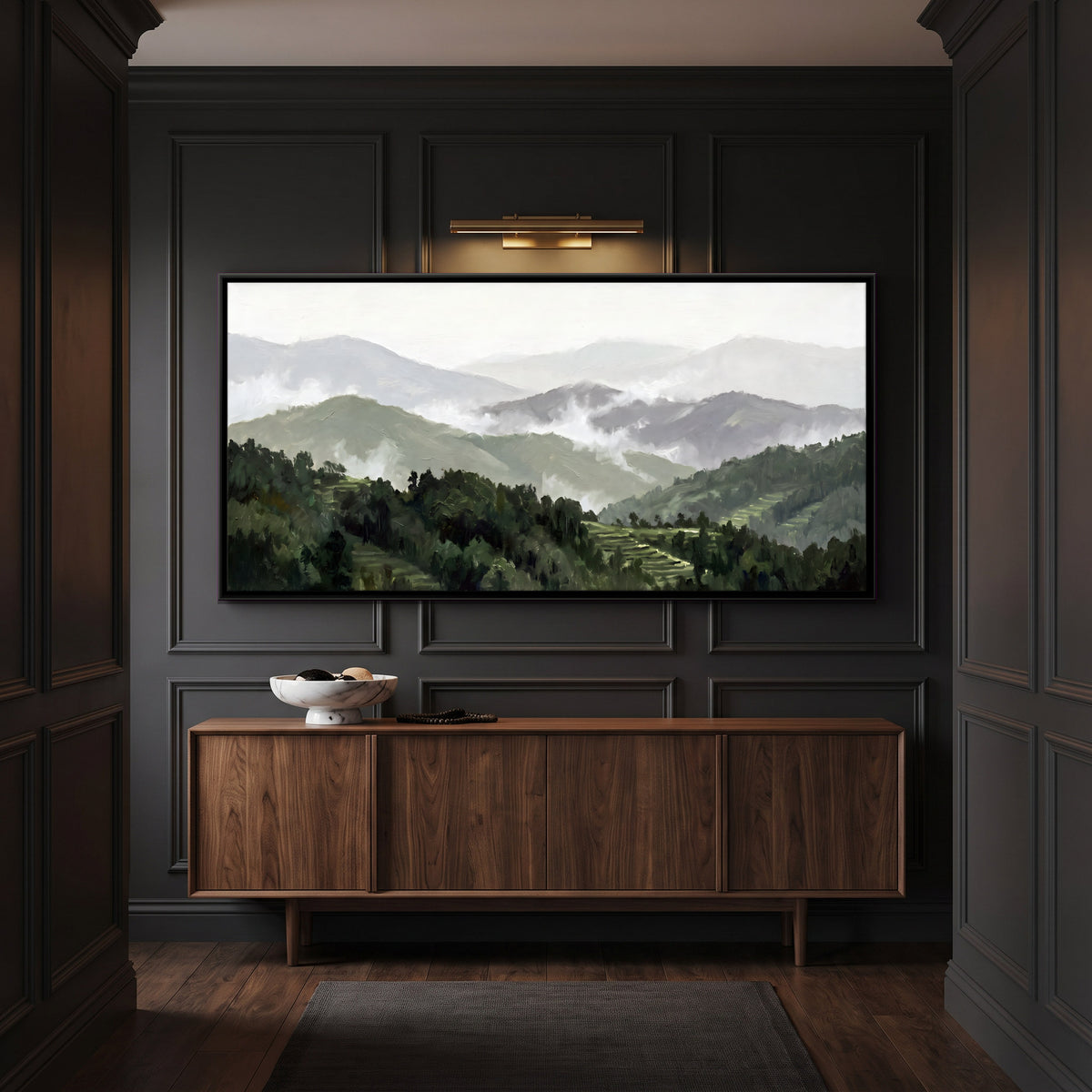 Mist Over Forested Hills - canvas art shown in a second room setting