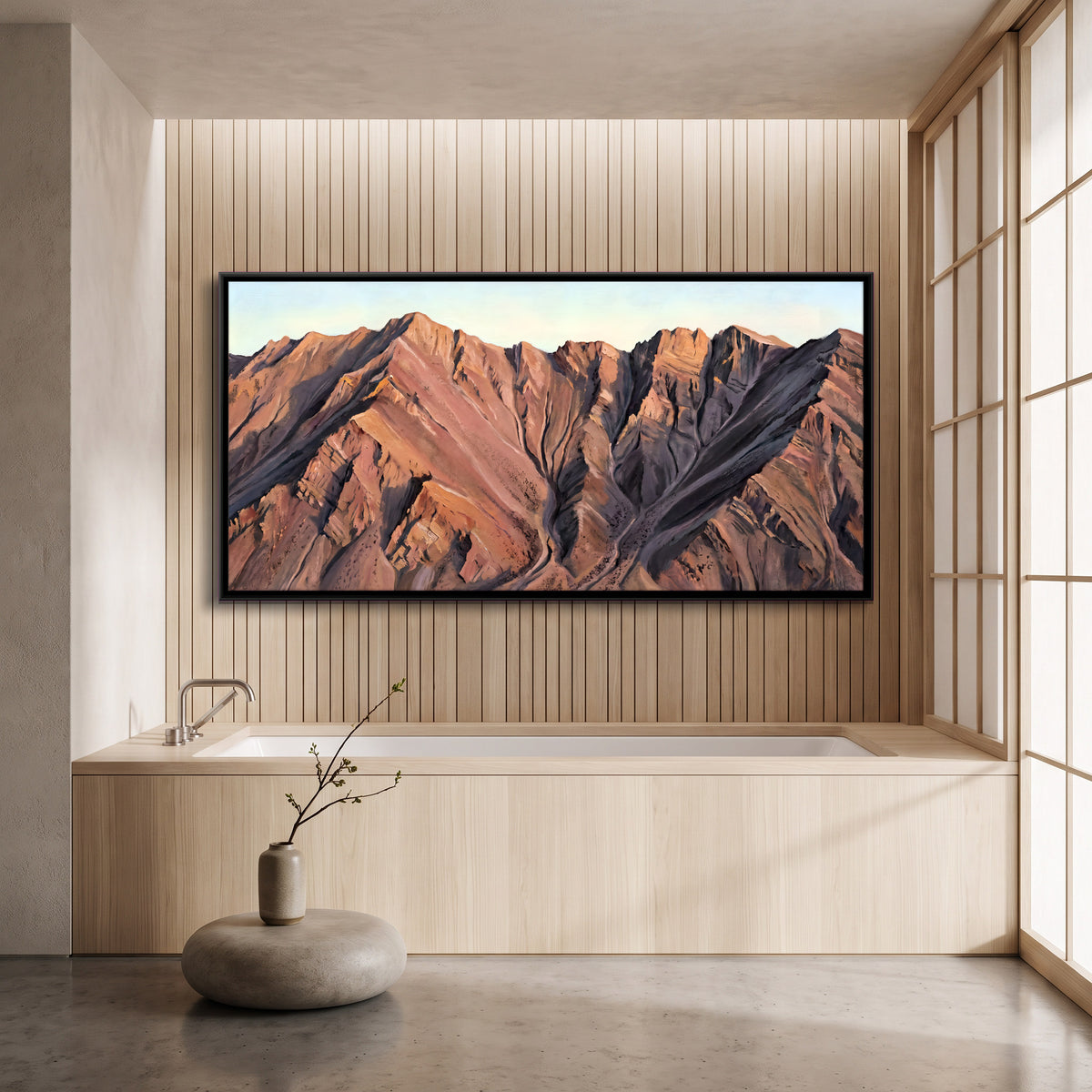 Eroded Red Mountain Slopes - canvas art shown in a second room setting