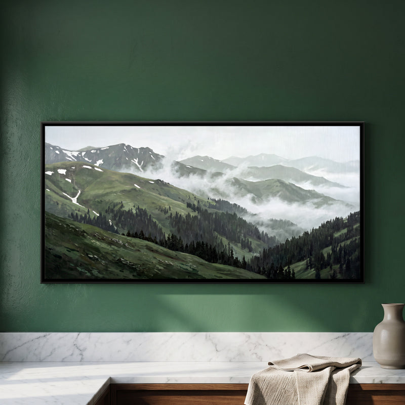 Low Cloud Over Green Ridges - framed canvas art hung on a wall