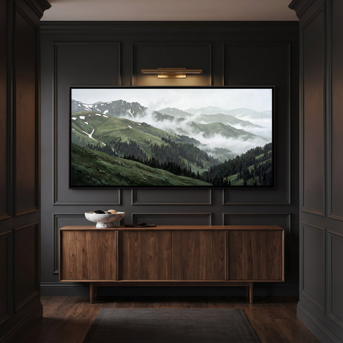 Low Cloud Over Green Ridges - canvas art shown in a second room setting
