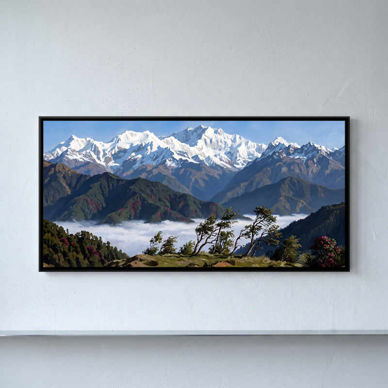 Snow Range Above a Sea of Cloud - framed canvas art hung on a wall