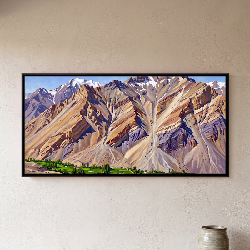Green Fields Below a Bare Mountain - framed canvas art hung on a wall