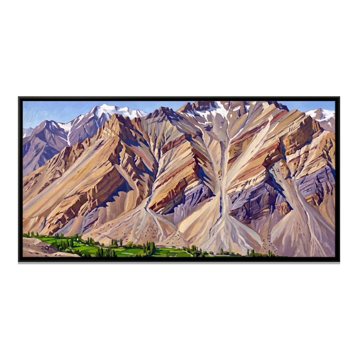 Green Fields Below a Bare Mountain - framed canvas print, front view