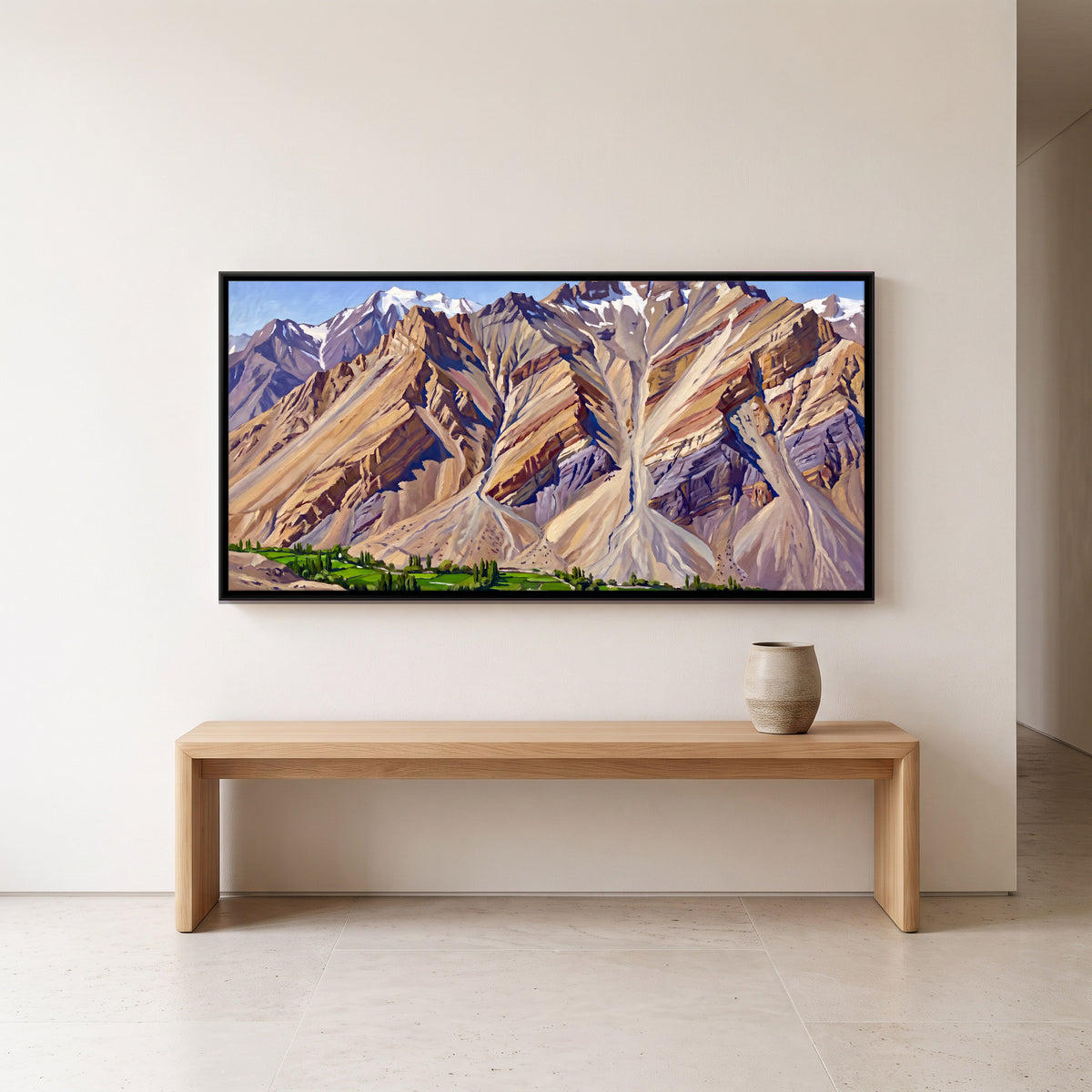 Green Fields Below a Bare Mountain - canvas art shown in a styled room