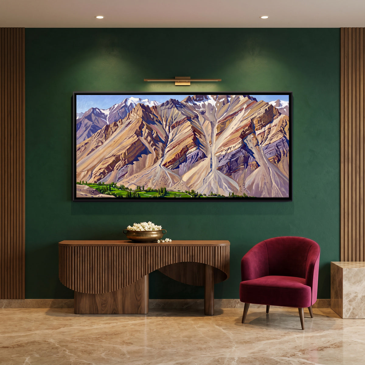 Green Fields Below a Bare Mountain - canvas art shown in a second room setting
