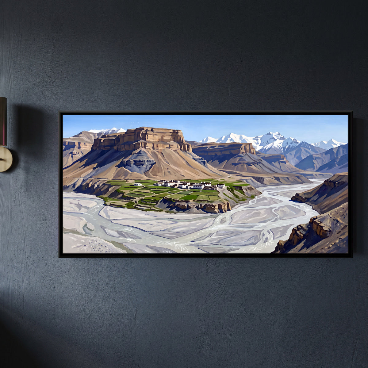 Village Above the Braided River - framed canvas art hung on a wall