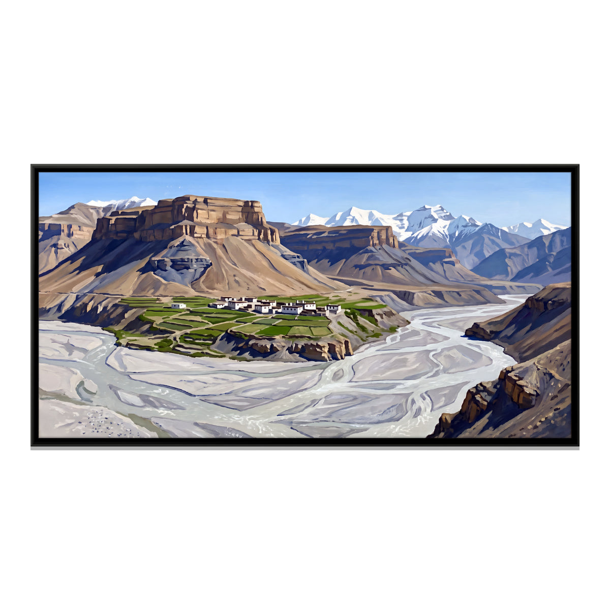 Village Above the Braided River - framed canvas print, front view