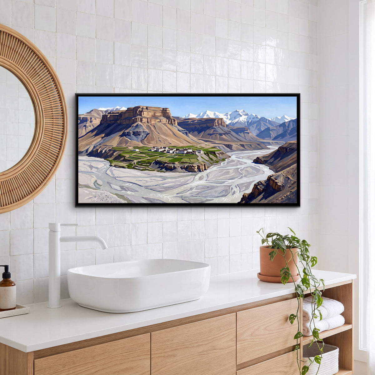 Village Above the Braided River - canvas art shown in a styled room