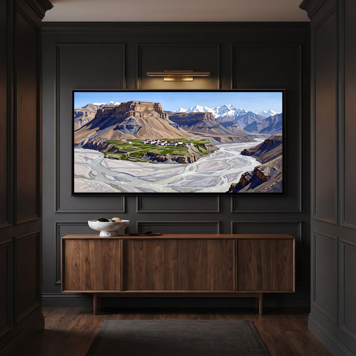 Village Above the Braided River - canvas art shown in a second room setting