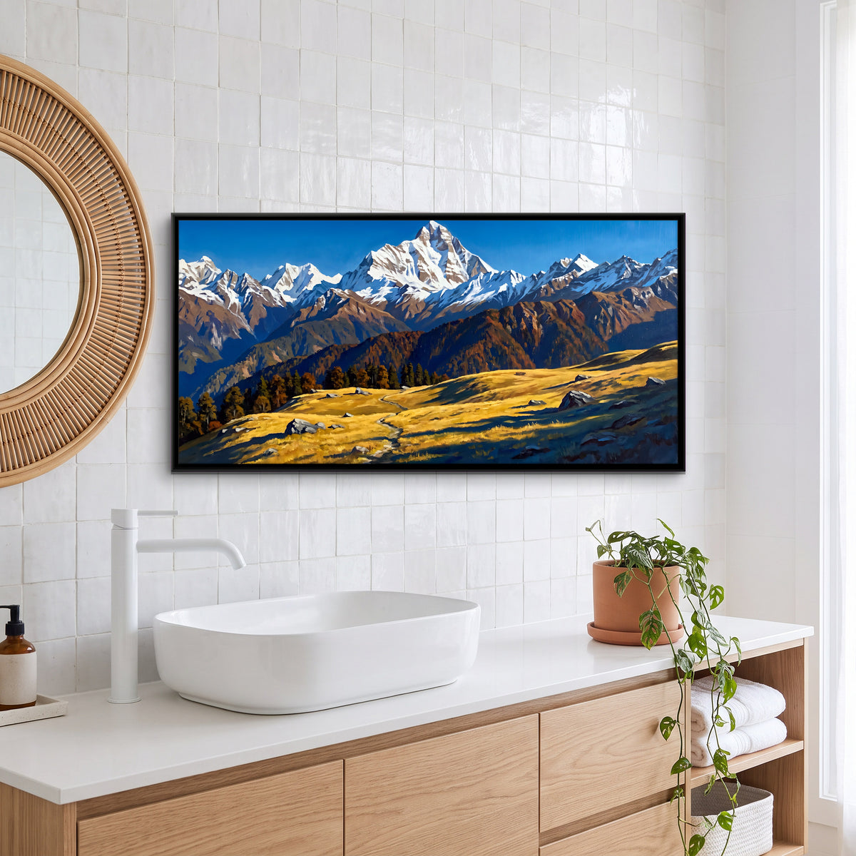 Nanda Devi Above a Golden Meadow - canvas art shown in a styled room