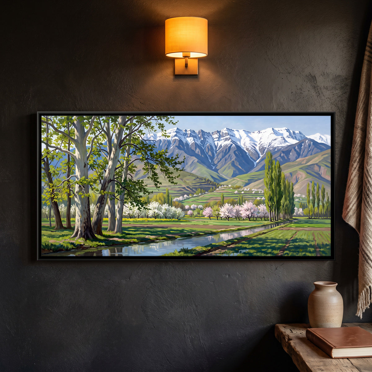 Spring Blossom Below a Snow Range - framed canvas art hung on a wall