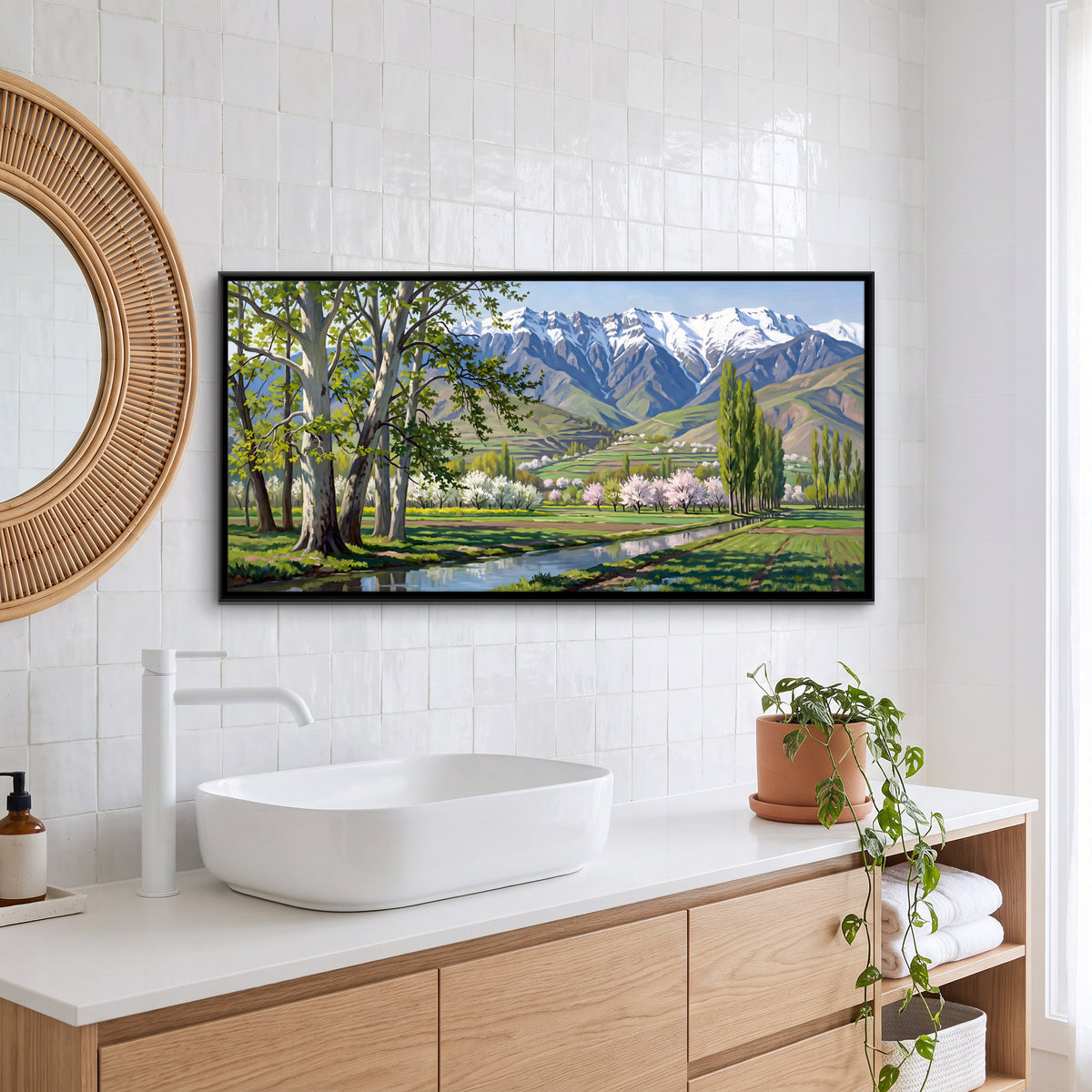 Spring Blossom Below a Snow Range - canvas art shown in a styled room