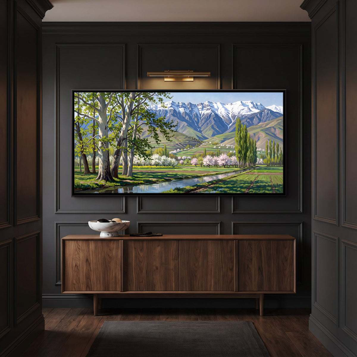 Spring Blossom Below a Snow Range - canvas art shown in a second room setting