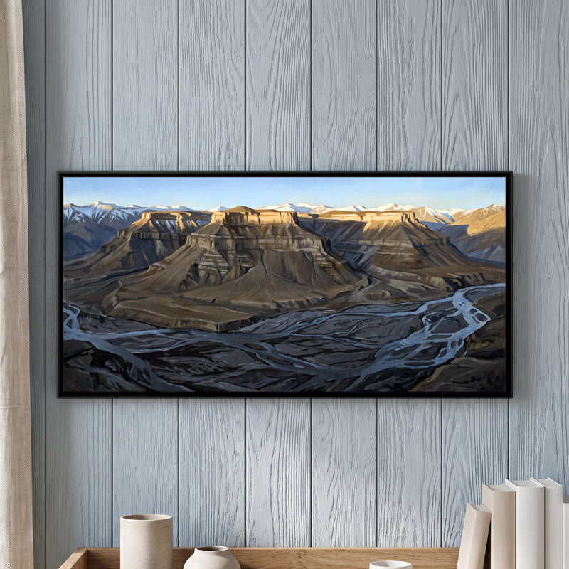 Mesas Above a Braided River - framed canvas art hung on a wall