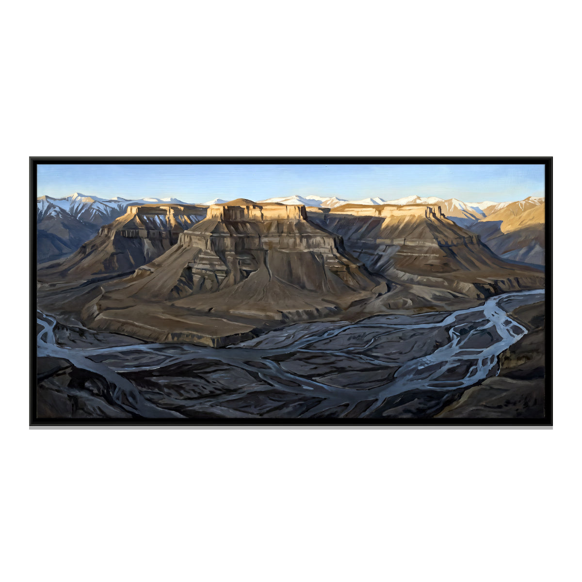 Mesas Above a Braided River - framed canvas print, front view