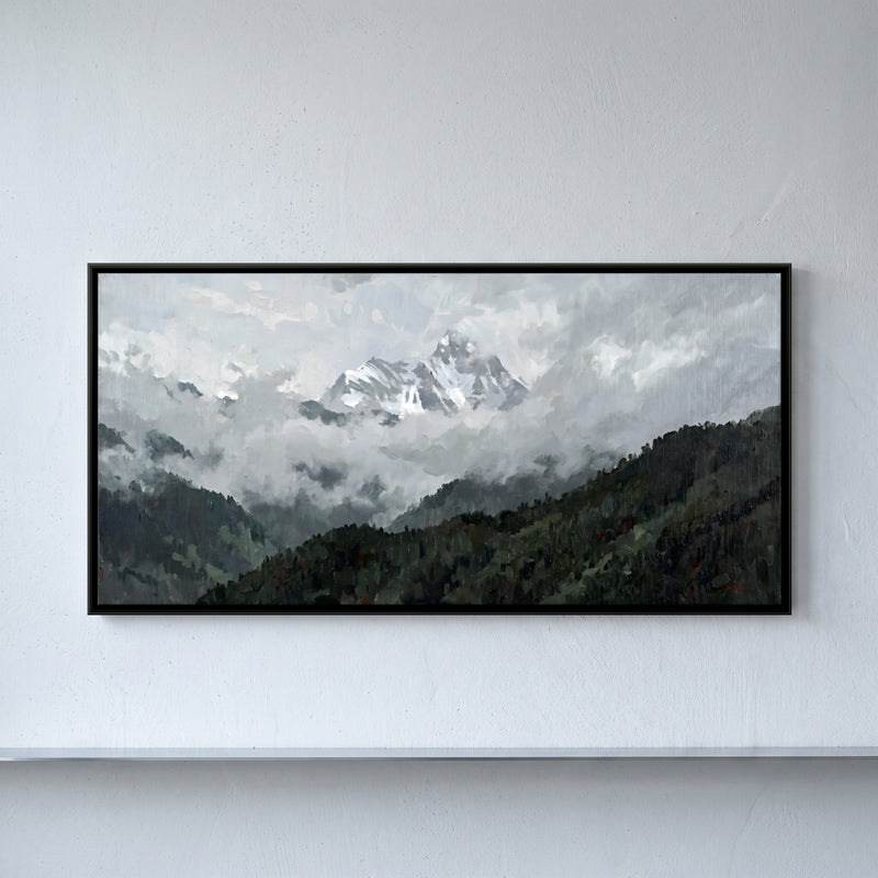 Nanda Devi Through Monsoon Clouds - framed canvas art hung on a wall