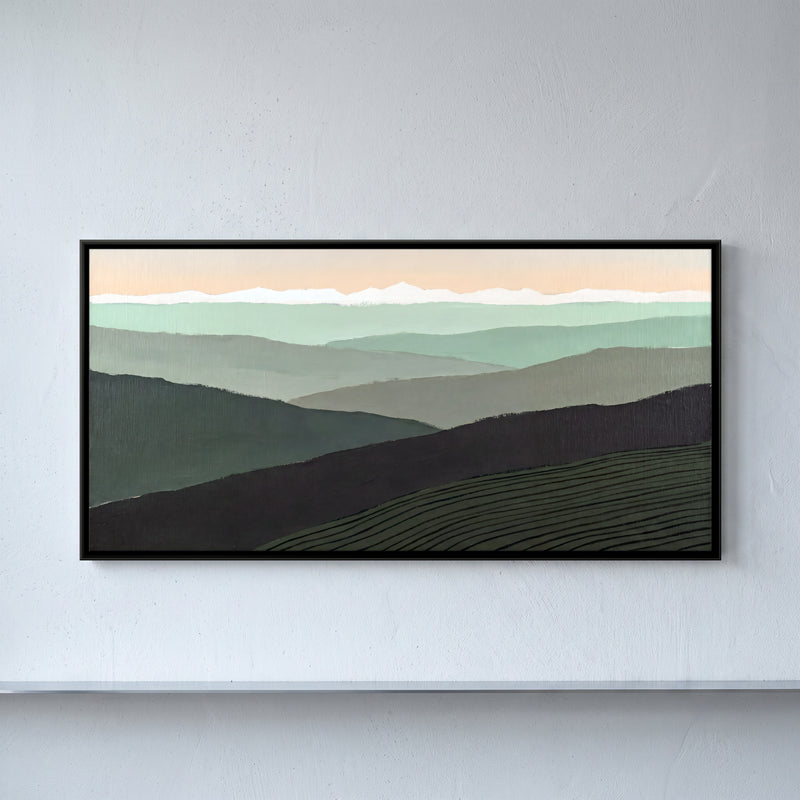 Tea Garden Hills at Dawn - framed canvas art hung on a wall