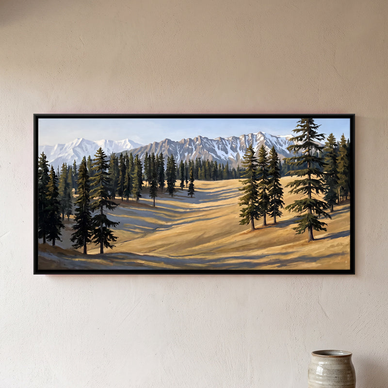 Pines on a Golden Meadow - framed canvas art hung on a wall