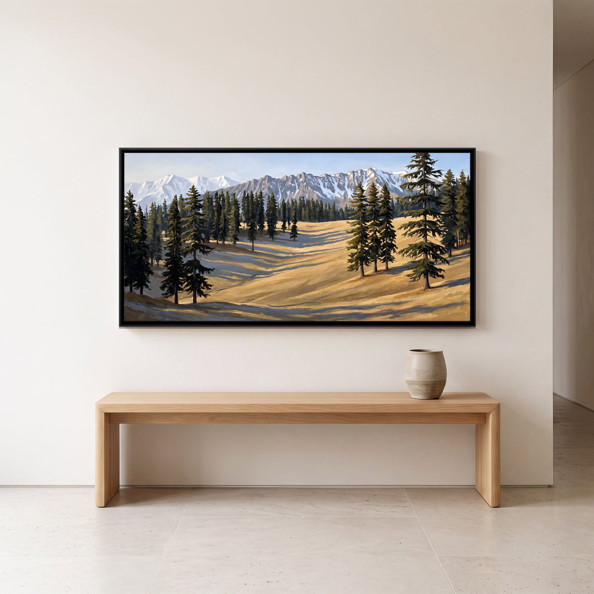 Pines on a Golden Meadow - canvas art shown in a styled room
