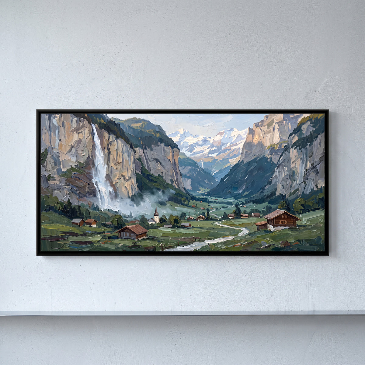 Waterfall Above an Alpine Village - framed canvas art hung on a wall