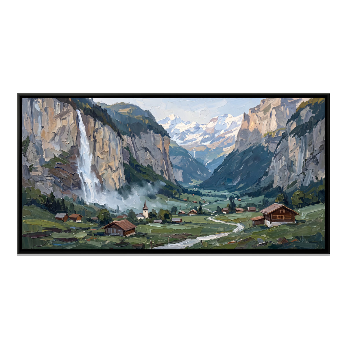 Waterfall Above an Alpine Village - framed canvas print, front view