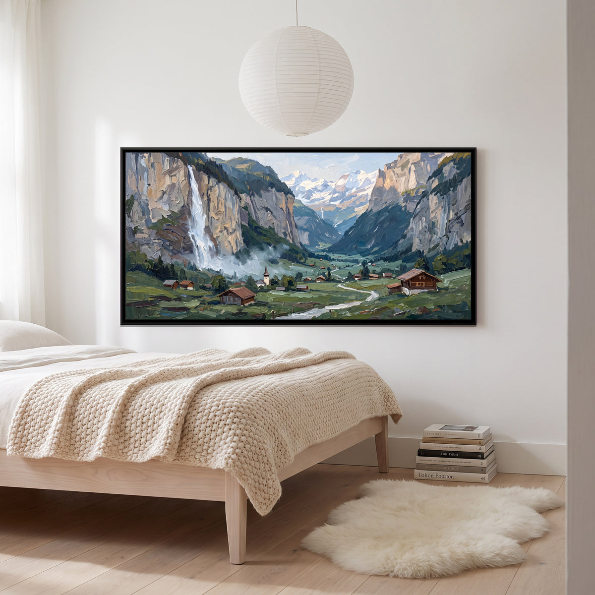 Waterfall Above an Alpine Village - canvas art shown in a second room setting