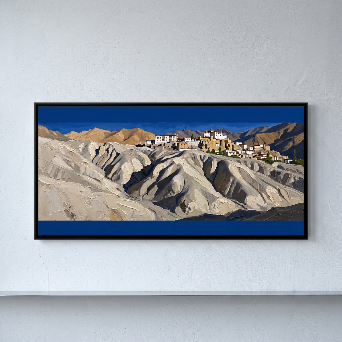 Monastery Village on Pale Ridges - framed canvas art hung on a wall