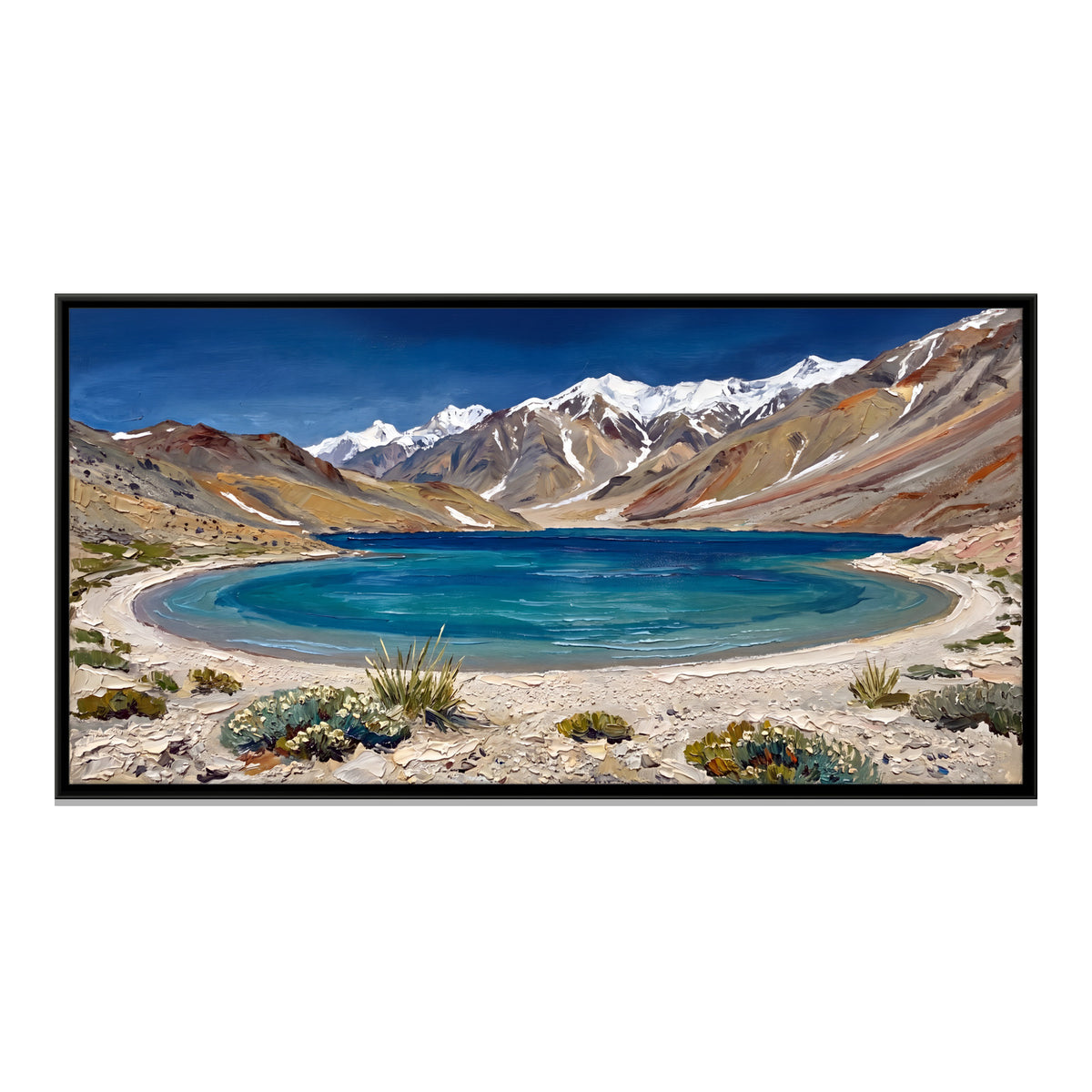 Turquoise Lake Below Snow Peaks - framed canvas print, front view