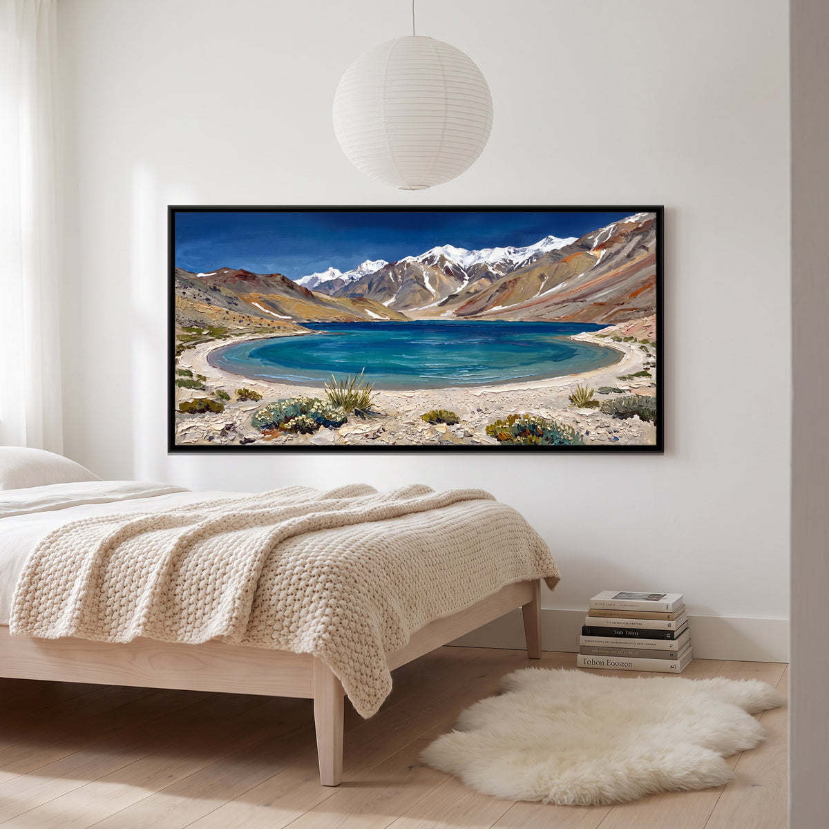 Turquoise Lake Below Snow Peaks - canvas art shown in a second room setting