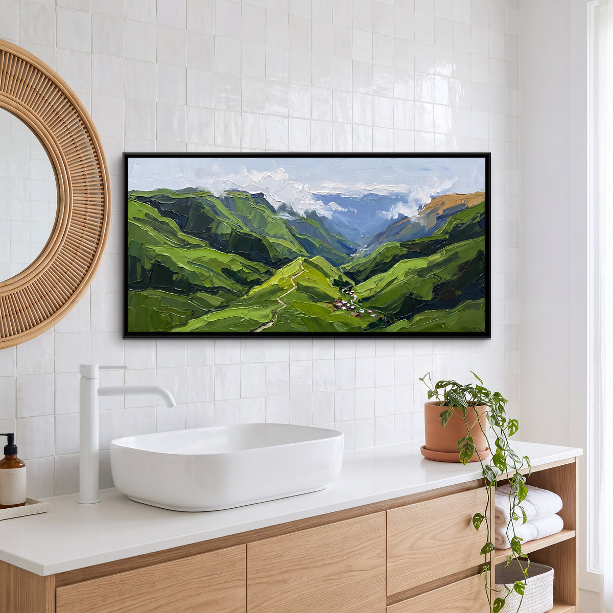 Hamlet in a Green Valley - canvas art shown in a styled room