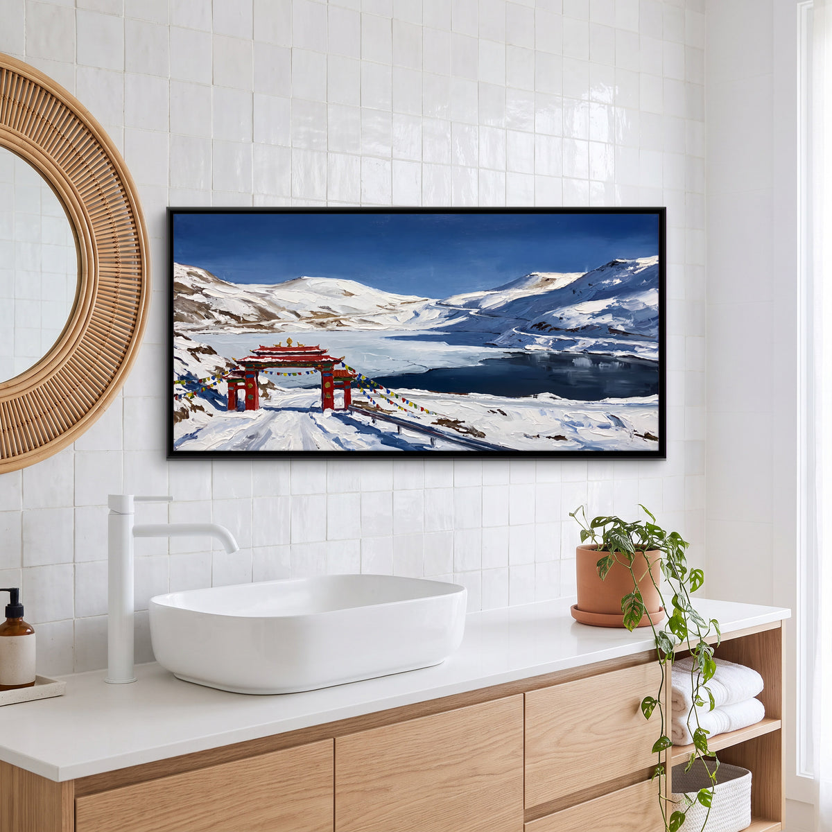 Gateway at a Frozen Mountain Lake - canvas art shown in a styled room