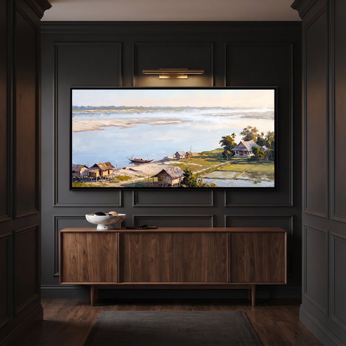 Stilt Village on a Wide River - canvas art shown in a second room setting