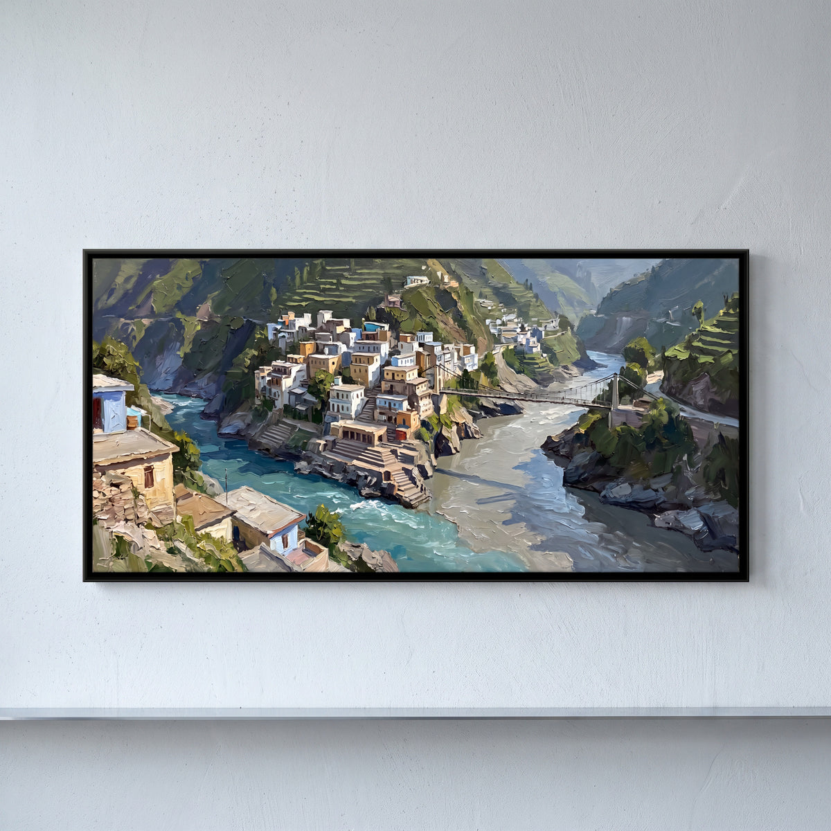 River Confluence at Devprayag - framed canvas art hung on a wall