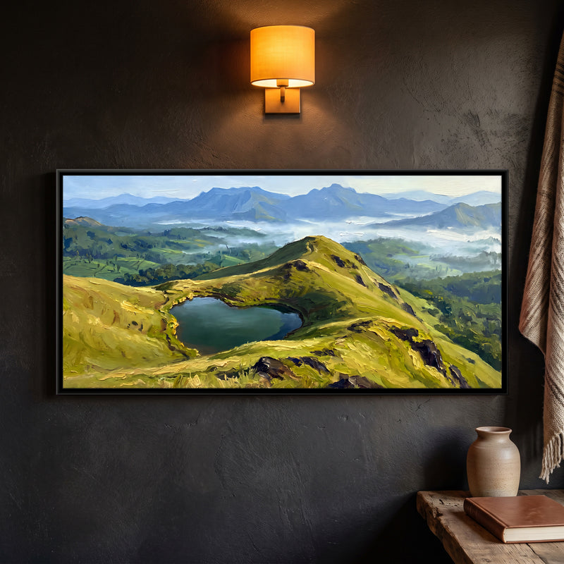 Heart-Shaped Lake on a Green Ridge - framed canvas art hung on a wall