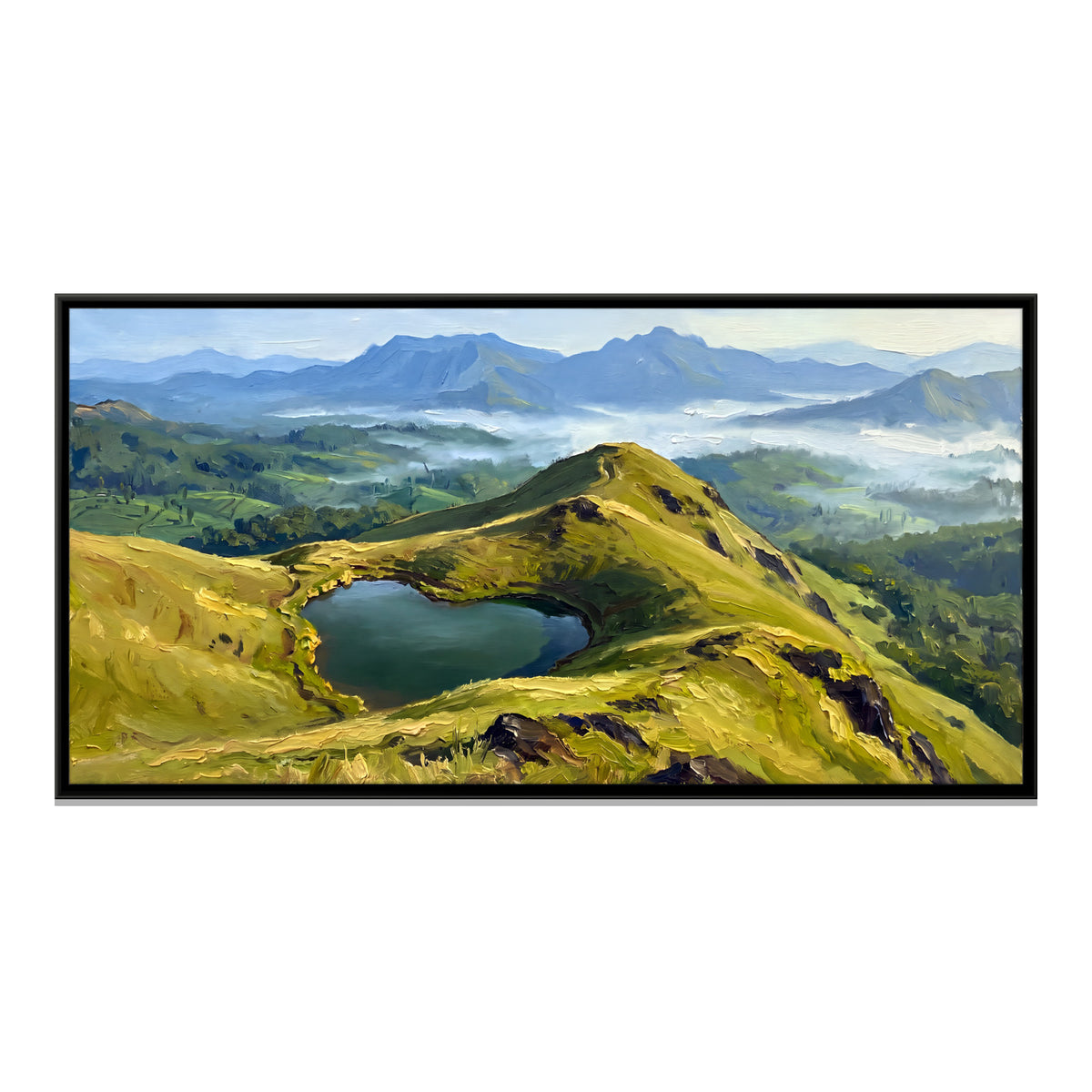 Heart-Shaped Lake on a Green Ridge - framed canvas print, front view