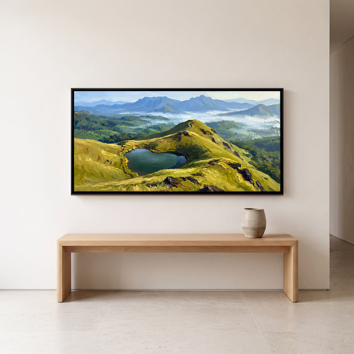 Heart-Shaped Lake on a Green Ridge - canvas art shown in a second room setting