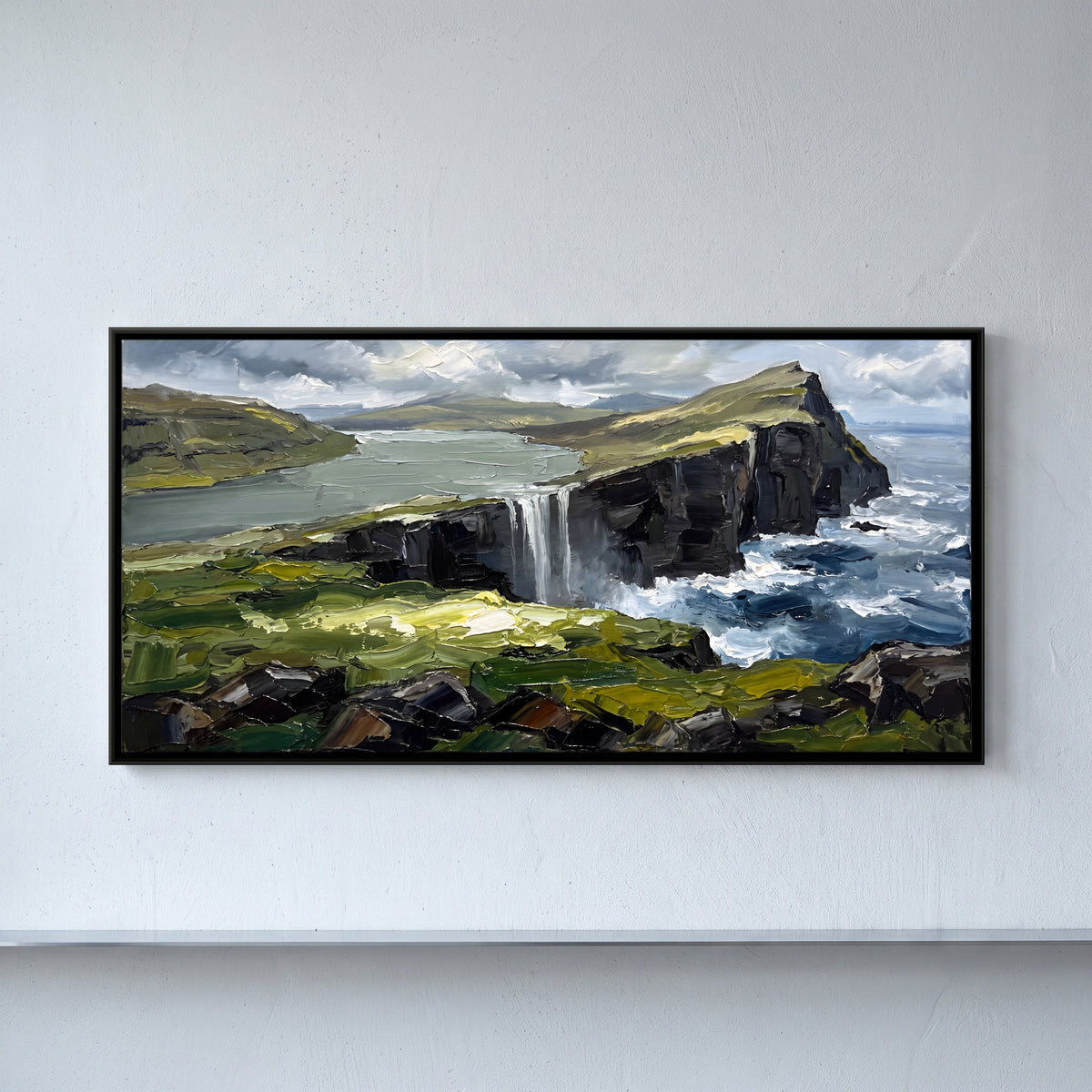 Waterfall Over a Sea Cliff - framed canvas art hung on a wall