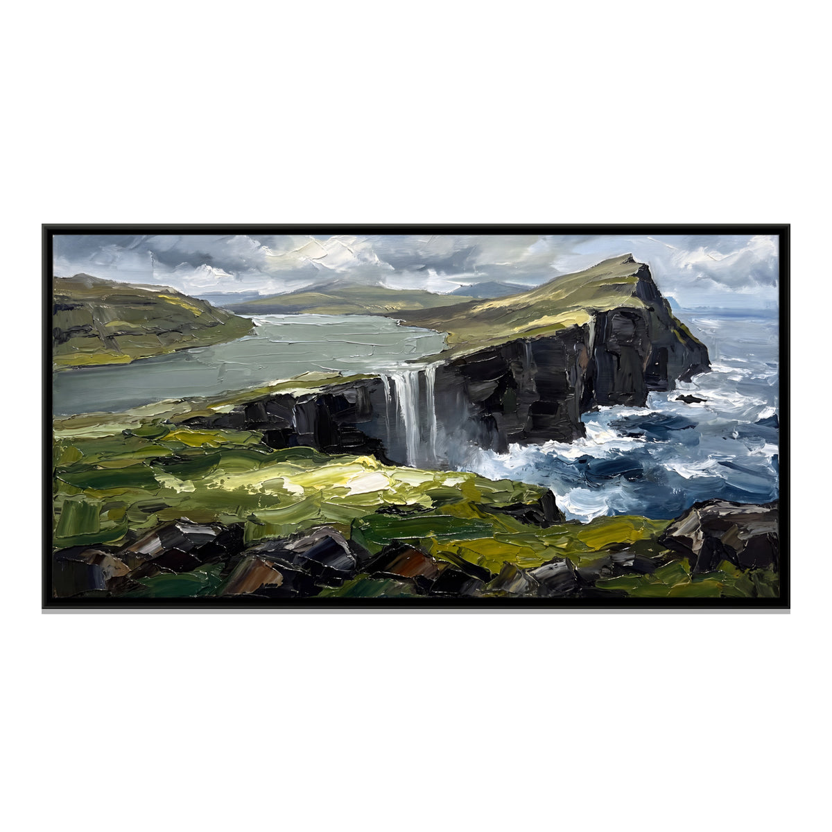 Waterfall Over a Sea Cliff - framed canvas print, front view