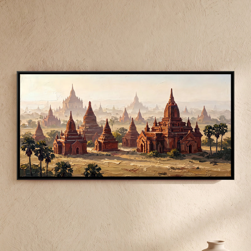 Temples on the Bagan Plain - framed canvas art hung on a wall