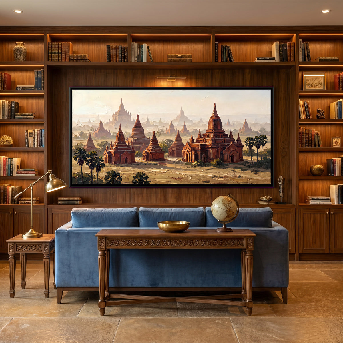 Temples on the Bagan Plain - canvas art shown in a styled room