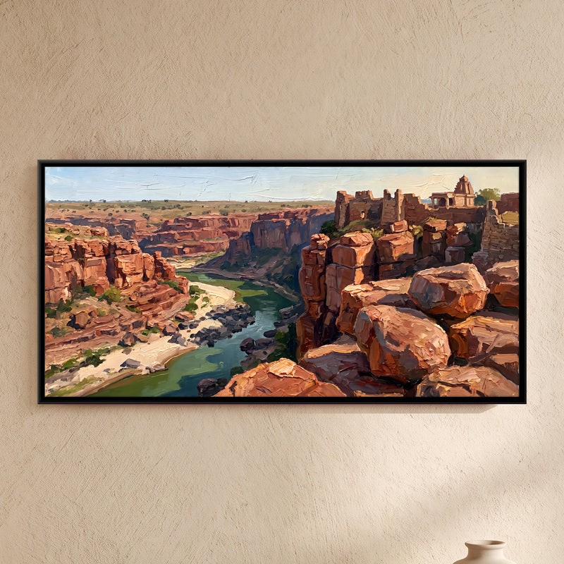 Fort Above the River Gorge - framed canvas art hung on a wall