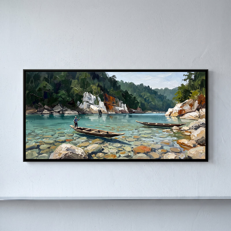 Boatman on a Crystal-Clear River - framed canvas art hung on a wall