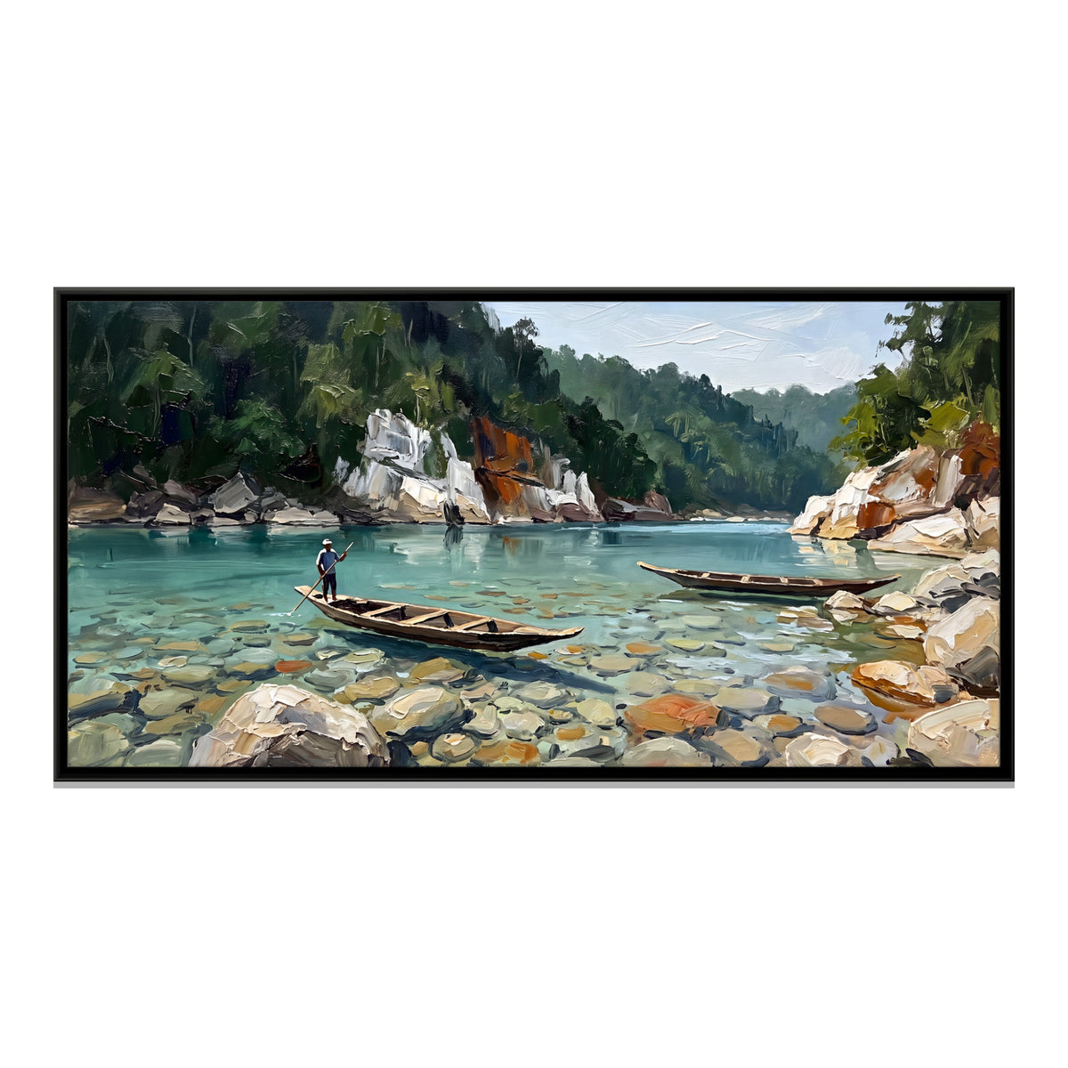 Boatman on a Crystal-Clear River - framed canvas print, front view
