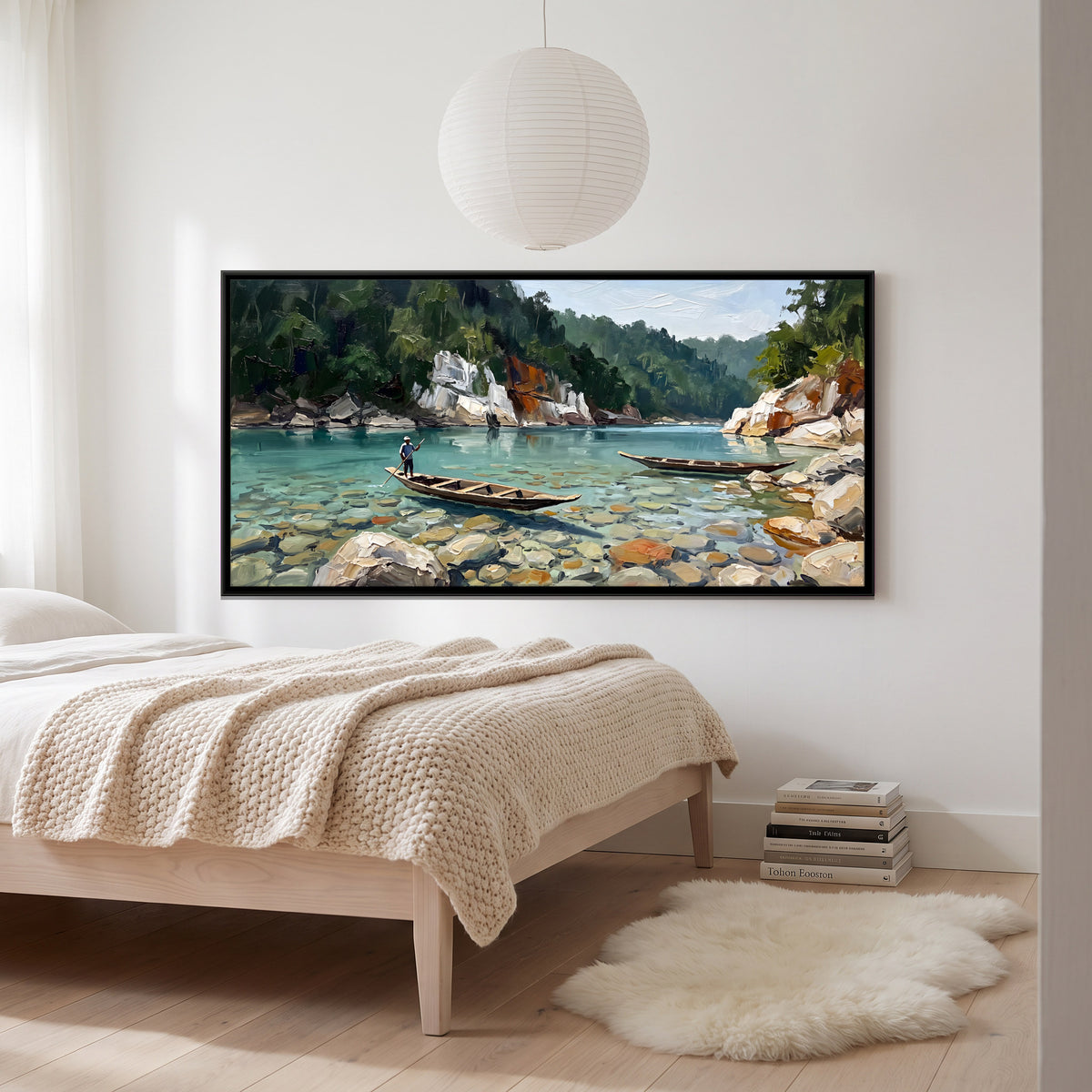 Boatman on a Crystal-Clear River - canvas art shown in a second room setting