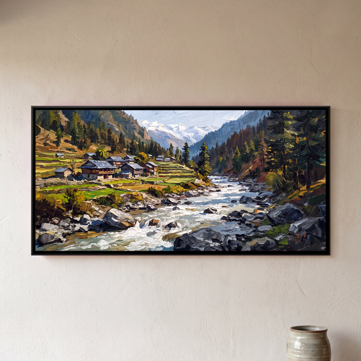 Village Above a Mountain River - framed canvas art hung on a wall